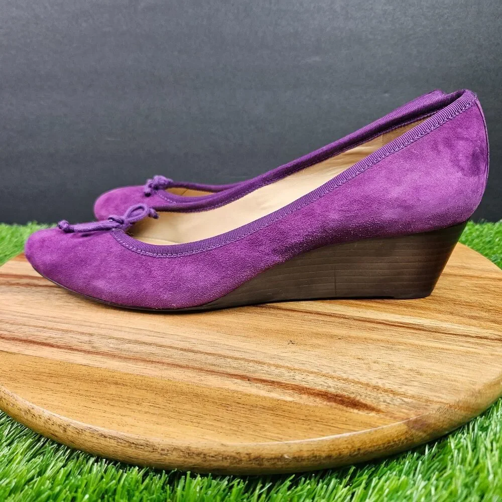 Tory Burch Purple Leather Suede Chelsea Wedge Heels Bow Logo Round Toe 10 M